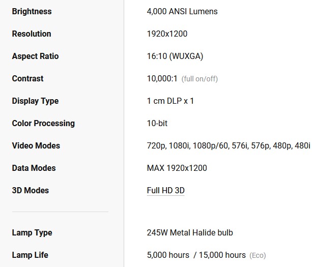 BenQ MU613 Projector Specs